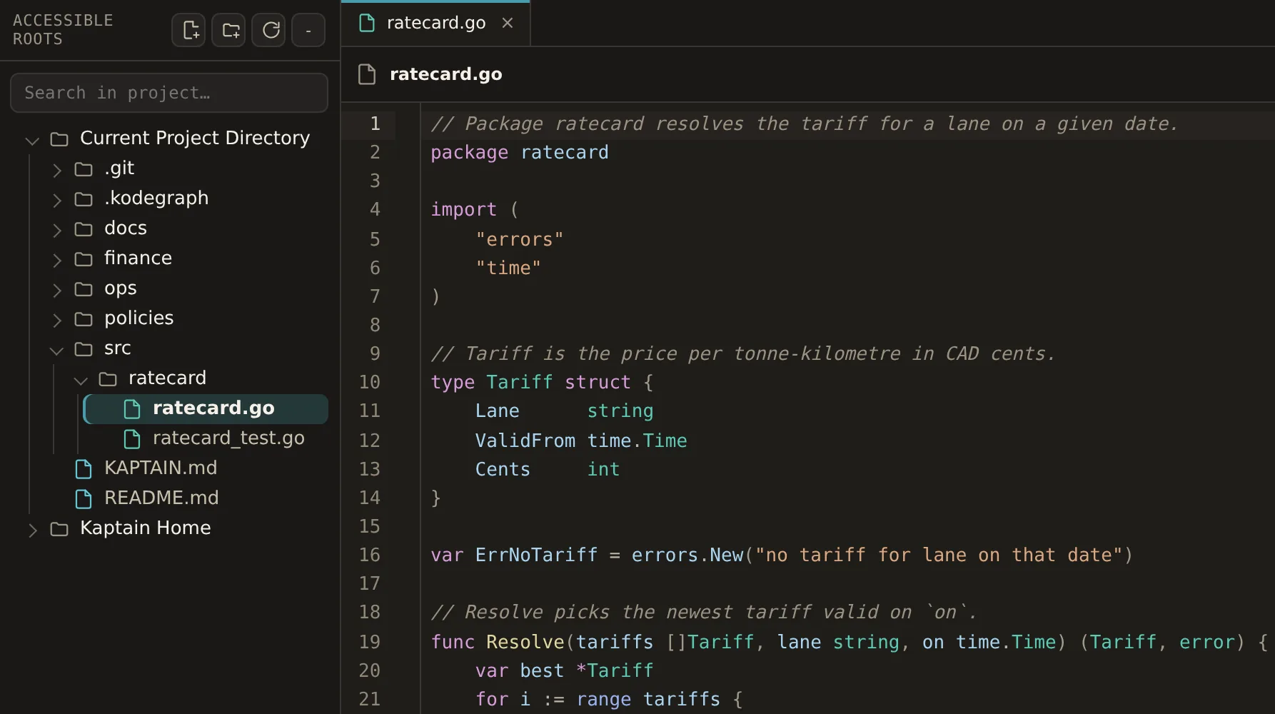 Deview: the project tree on the left with the sample repository's folders, and a Go source file open in the editor with line numbers and a Read/Edit switch.