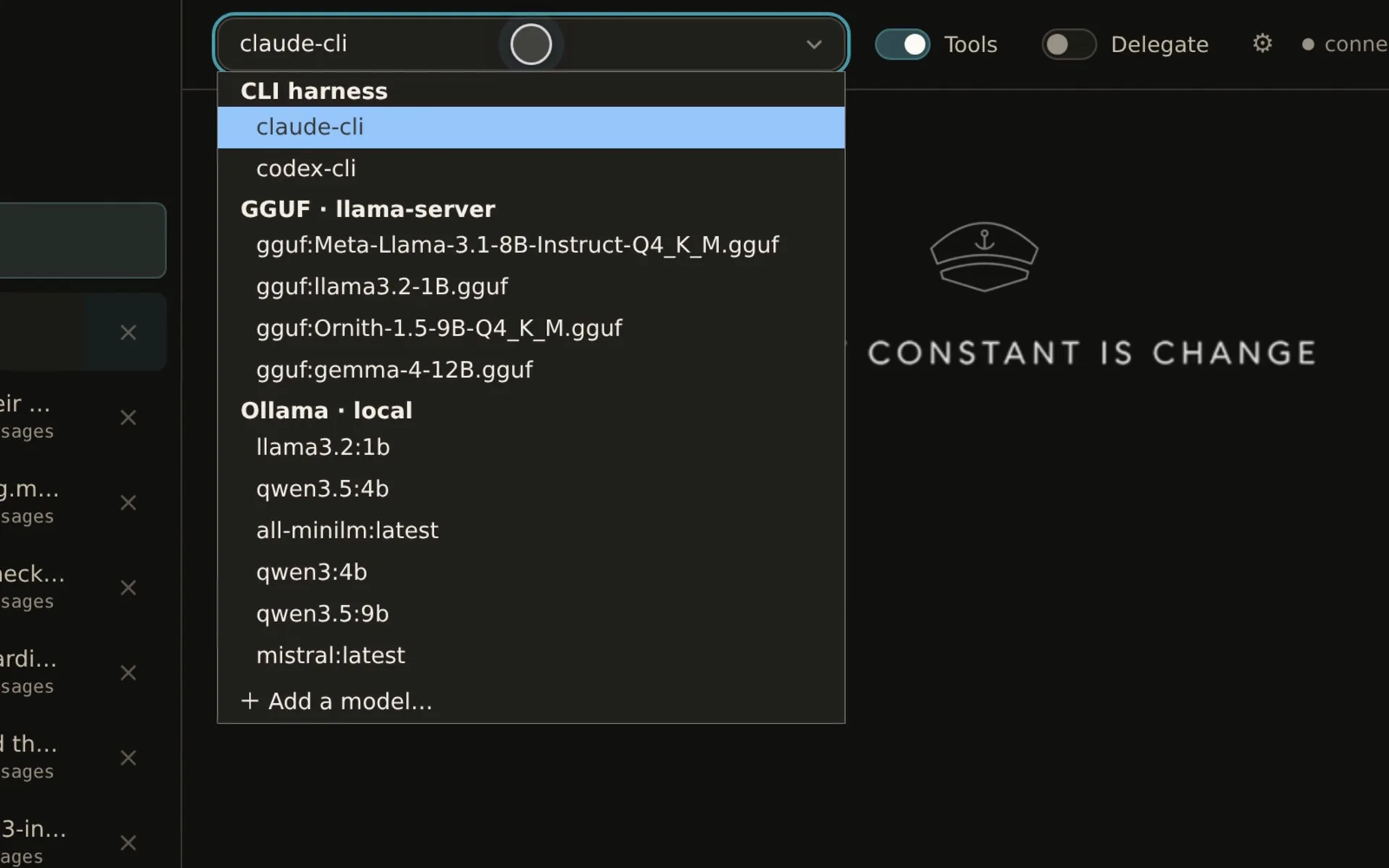 Kaptain chat: the model picker opens on a list grouped into CLI harness with Claude and Codex, GGUF and Ollama local models; Claude CLI is chosen, then a question about the weather is typed and answered with live data fetched by a tool.