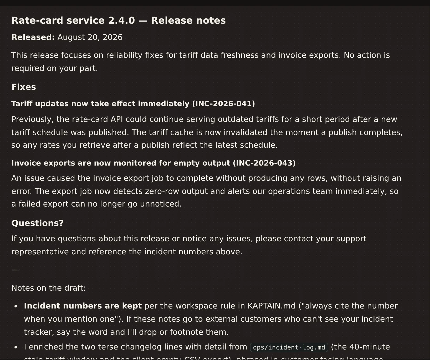 A Kapsule named release-notes, running on a Claude CLI model with a house-style skill, has drafted customer-facing release notes for version 2.4.0 from the workspace changelog and incident log, citing incident numbers, and lists its notes on the draft.